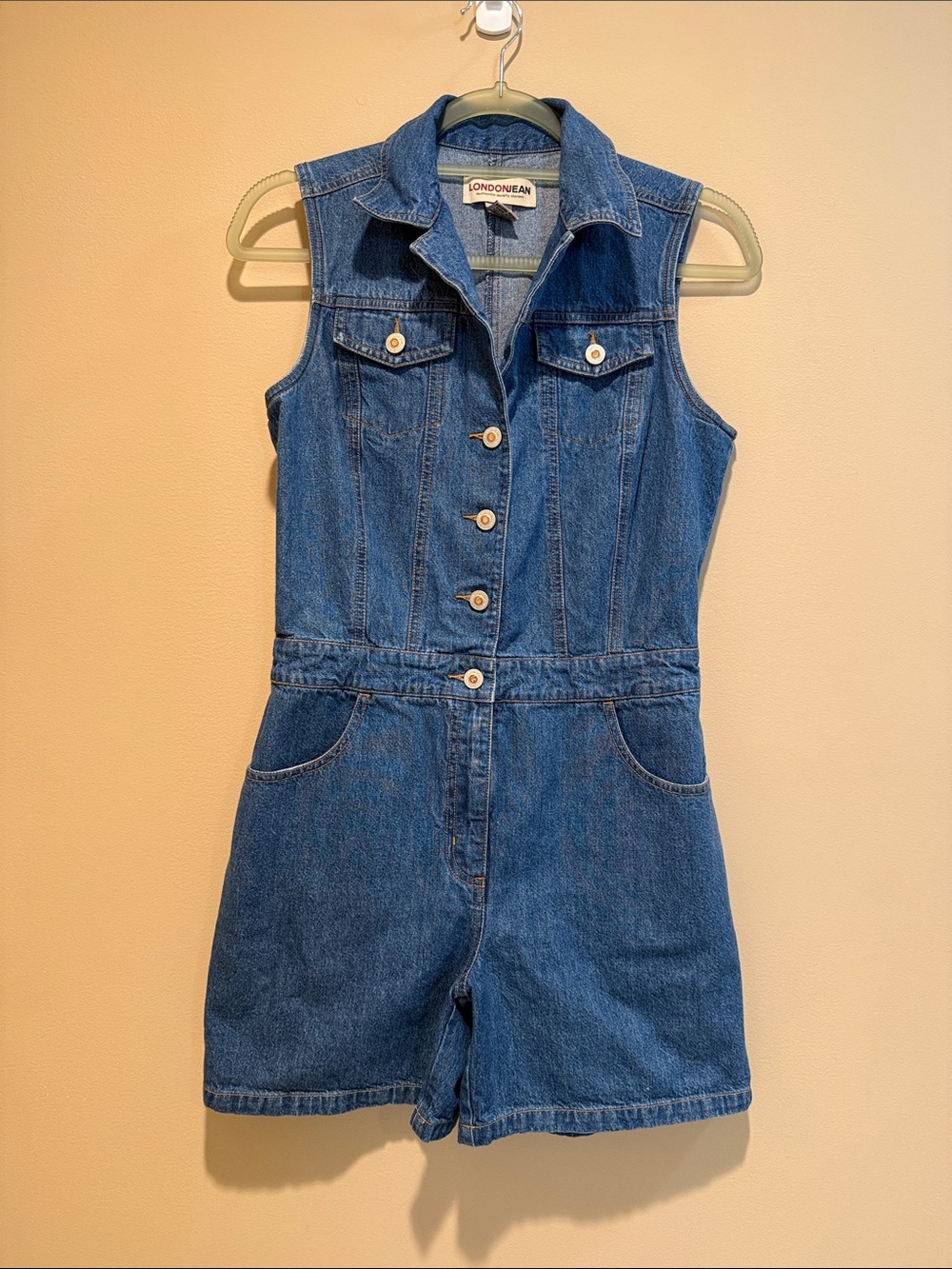 Vintage LONDONJEAN Blue Denim Sleeveless One-Piece Romper 100% Cotton